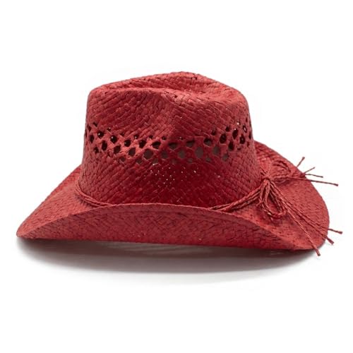 Image of Men & Women's Summer Cowboy Cowgirl Straw Hat Hollow Out Woven Roll Up Wide Brim Sun Hat with Chin Strap