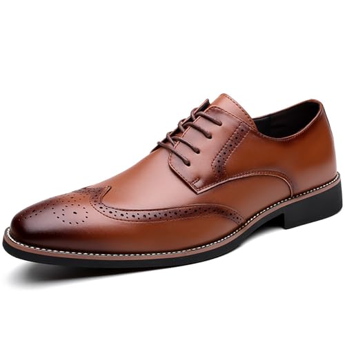 Men's Leather Wingtip Business Dress Oxford Shoes Lace Up Retro Pointed Comfortable Formal Brogue Shoes Wedding Party Derby Shoes