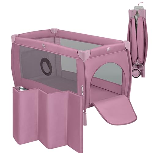 LIONELO Stefi Plus Cuna de Viaje para Bebé con Puerta Lateral, Colchón de Espuma T25 Premium, Plegado Rápido, Bolsa de Transporte y Ruedas (Rosa)