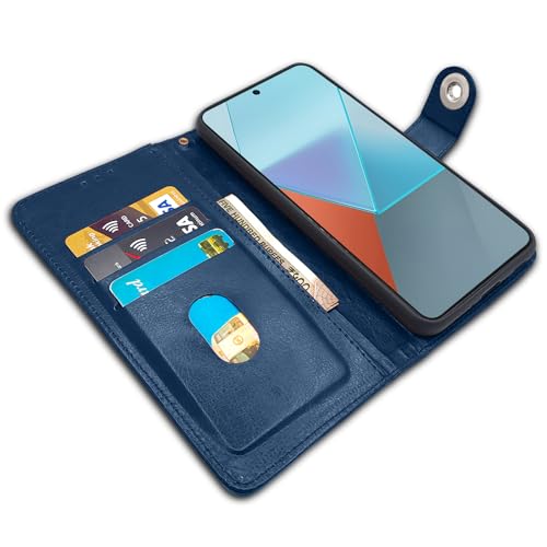 Image of Pikkme Redmi Note 13 Pro 5G Flip Cover Leather Finish | Inside TPU with Card Pockets | Wallet Stand and Shock Proof | Complete Protection Button Flip Case (Blue)