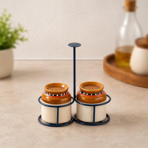 Image of ExclusiveLane 'Old Martaban' Ceramic Salt Pepper Set for Dining Table with Iron Holder (80 ML, Set of 2) | Salt and Pepper Container for Dinning Table Salt and Pepper Dispenser Salt and Pepper Shaker