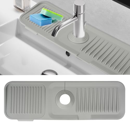 Silicone Sink Faucet Mat, Kitchen Sink Splash Guard, Silicone Draining Mat Around Tap for Sink, Flexible Kitchen Sink Guard Faucet Handle Drip Catcher Tray for Bathroom Countertop Caravan (Grey)