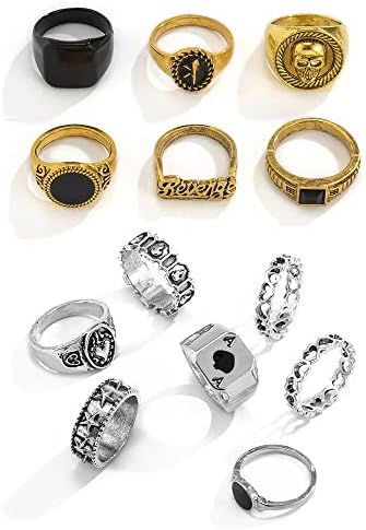 XUN Zhe Vintage Gold Silver Punk Rings for Men Women Girls,Cool Gothic Ring Set,Chunky Stackable Joint Knuckle Rings,Retro Skull Ace Malachite Rings (Silver Gold)