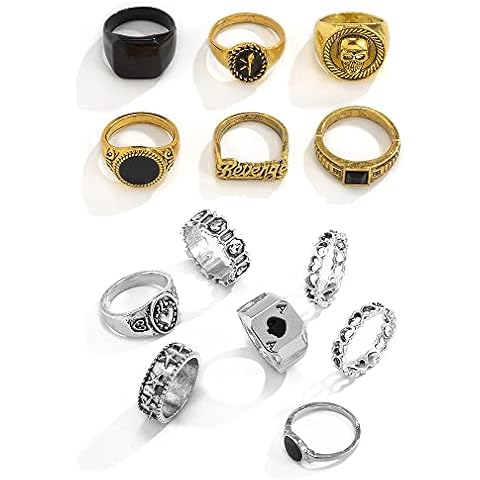XUN Zhe Vintage Gold Silver Punk Rings for Men Women,Cool Gothic Ring Set,Chunky Stackable Joint Knuckle Rings,Retro Skull Ace Malachite Rings (Silver Gold) Cover