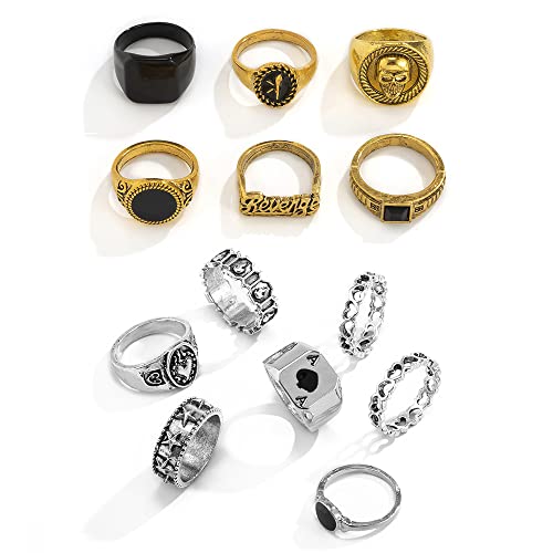 Xun Zhe Vintage Gold Silver Punk Rings For Men Women Girls,Cool Gothic Ring Set,Chunky Stackable Joint Knuckle Rings,Retro Skull Ace Malachite Rings (Silver Gold) #TOP1