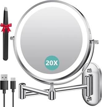 Foto di Auxmir Specchio Trucco con Ingrandimento 20X/1X, Specchio da Parete a 54 LED 3 Colori di Luce, Specchio Estensibile, Rotazione a 360°, Alimentato da Batterie Ricaricabile 3200mAh, per Bagno Hotel Spa