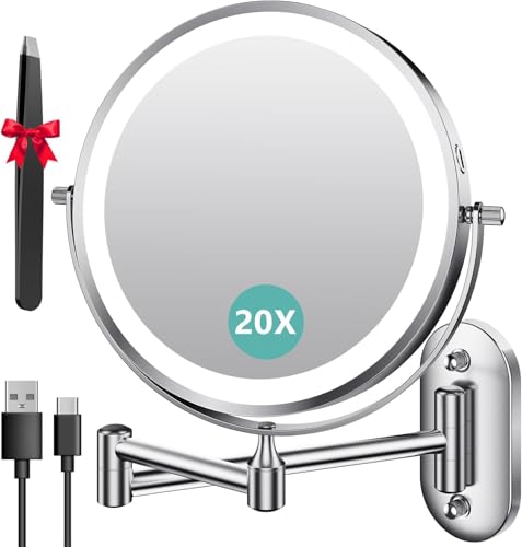 Auxmir Specchio Trucco con Ingrandimento 20X/1X, Specchio da Parete a 54 LED 3 Colori di Luce, Specchio Estensibile, Rotazione a 360°, Alimentato da Batterie Ricaricabile 3200mAh, per Bagno Hotel Spa
