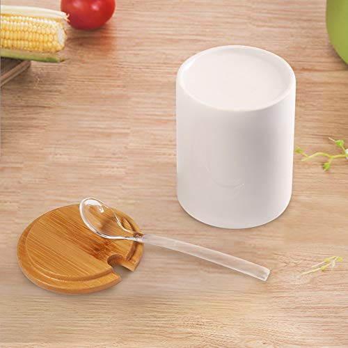Sugar Bowl, 77L Ceramic Sugar Bowl with Sugar Spoon and Bamboo Lid for Home and Kitchen, Elegant Design, White, 10.8 FL OZ (320 ML)