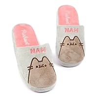 Pusheen Womens Slippers | Adults Teens Grey NAH or Brown Fur Plush Cat Character Design Options | Anime Cartoon Animal Slip On Mules House Shoes