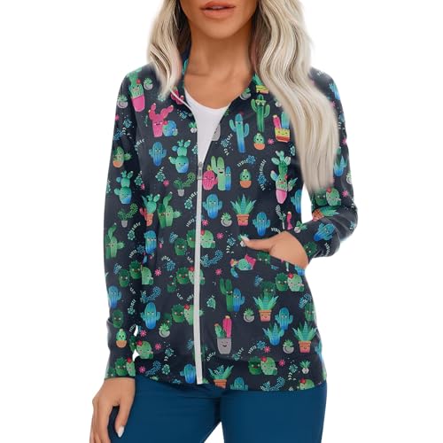 Scrub Jackets for Woman Zip Up Long Sleeve Tops Print Plus Size Womens Scrubs for Women Nursing Shirts with Pockets
