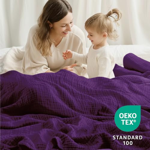 Image of Cotton Muslin Blankets for Adults, 6-Layer Large Throw, 50x70, Dark Purple