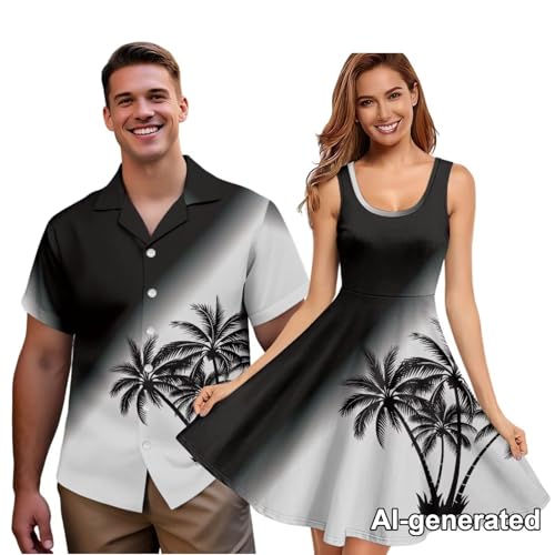 Image of Hawaii Matching Couple Outfits Husband and Wife Clothing Fashionable Mens Casual Shirts Hawaii Dress with Soft Fabric