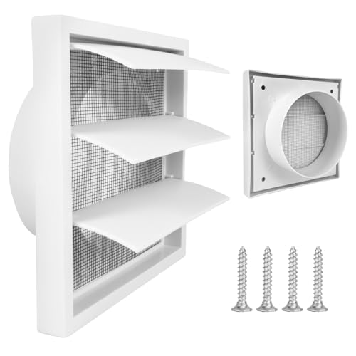 Lüftungsgitter 100mm, Lüftungsgitter Verschließbar mit Insektenschutzgitter und Beweglichen Lamellen, Abluftgitter Weiß für Die Außenwandmontage...