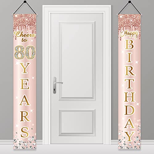 Image of 80th Birthday Decorations Door Banner for Women, Pink Rose Gold Cheers to 80 Years Birthday Backdrop Sign Party Supplies, Happy Eighty Birthday Porch Decor for Outdoor Indoor