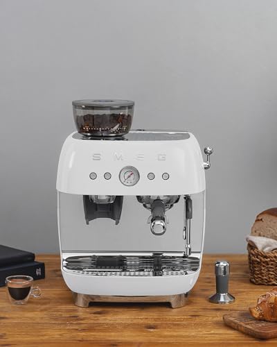Image of Smeg EGF03 Semi-Automatic Espresso Machine with Built-In Grinder, Dual Thermoblock, 50's Retro Style - White (120 V)