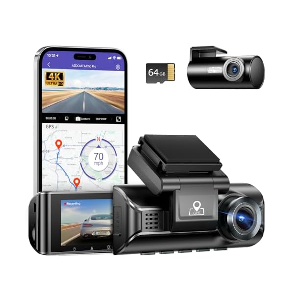 AZDOME M550 Pro 4K Dash Cam Front and Rear, Free 64GB Card, 5GHz Wi-Fi GPS Car Camera, 3.18” IPS Screen Dashcam, APP Control 150° Wide Angle, WDR Night Vision, G-Sensor Parking Mode