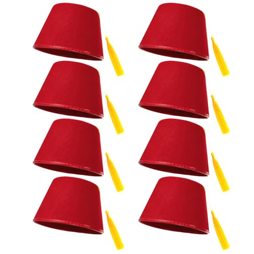 Dicunoy 8 PCS Fez Hats with Tassel for Adult Red Turkish Costume Hats Halloween Velvet Arabian Night Hats Tarboosh for Men Women Cosplay Party