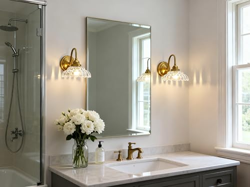 Image of Phansthy Antique Brass Wall Sconce Hardwired, Gooseneck 1-Light Single Vanity Wall Light with Umbrella-Shaped Clear Glass Shade, Wall Lamp for Bedroom Bedside Kitchen Hallway (Antique Gold)