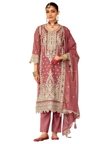 Image of INDO ERA Women's Straight Organza Ethnic Motifs Embroidered Kurta & Pant With Dupatta Set (KH9YL10613)