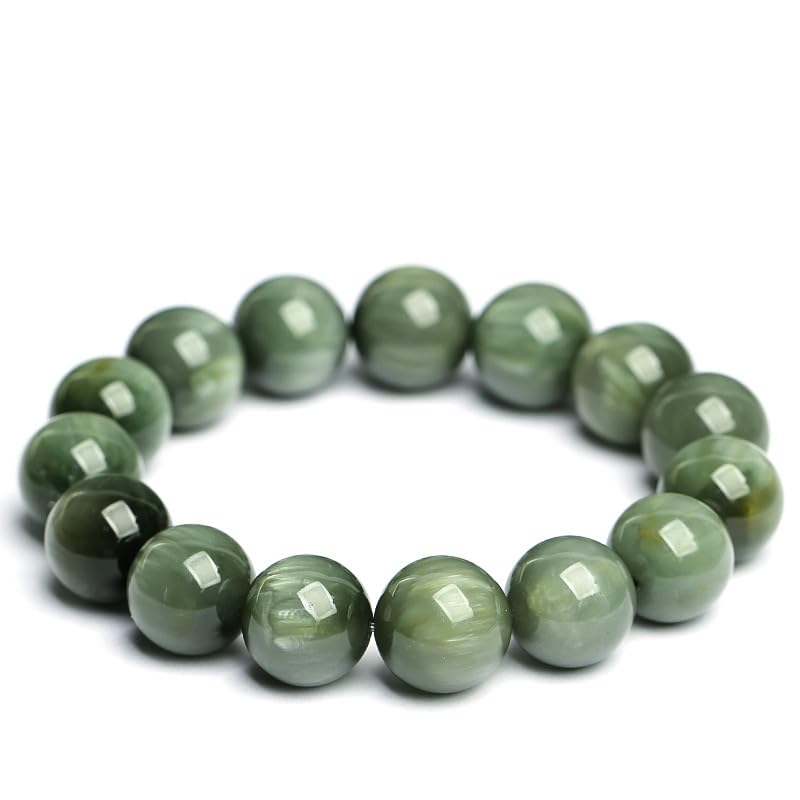 Bracciale al Quarzo Naturale in Pelo di Coniglio Verde – Effetto | Bracciale elasticizzato con perline rotonde di cristallo rutilato a inclusione completa per donne e uomini