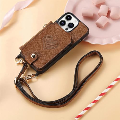 Étui en cuir iPhone 14 Plus ENILSA marron style portefeuille chic avec lanière