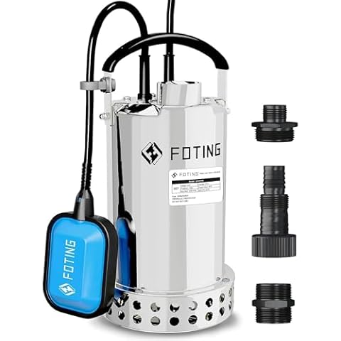 FOTING Full 304 Stainless Steel Sump Pump with Float Switch - 1HP 4600GPH Automatic Submersible Water Pump Fast Water Removal in Pools, Basements, Sewage, Hot Tubs Heater Flush Pit, ponds w/ 10FT Cord Cover