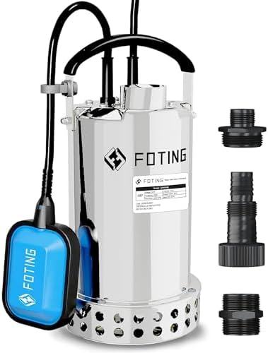 FOTING Full 304 Stainless Steel Sump Pump with Float Switch - 1HP 4600GPH Automatic Submersible Water Pump Fast Water Removal in Pools, Basements, Sewage, Hot Tubs Heater Flush Pit, ponds w/ 10FT Cord