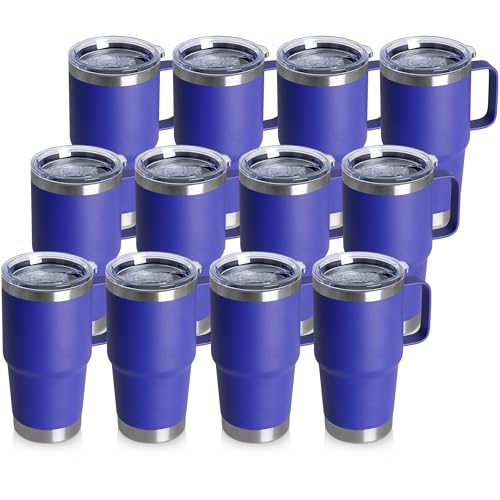 20oz Tumbler Bulk with Lid, Stainless Steel Tumbler Bulk with Handle, Metal Insulated Travel Coffee Mug Set with Handle, Double Wall Vacuum Leak Proof Tumbler Cup, Blue 12 Pack