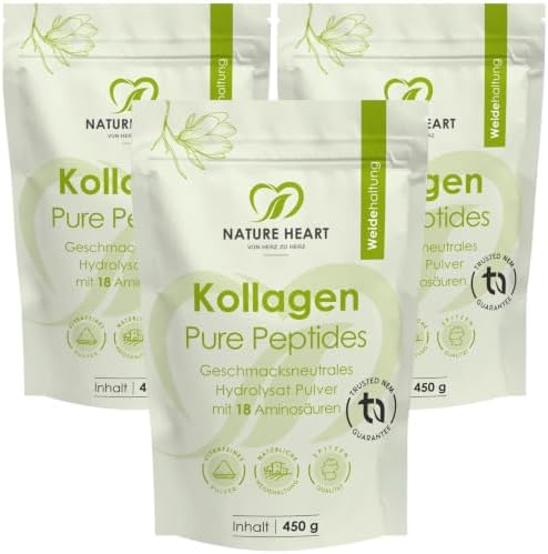 Nature Heart Kollagen Pure Peptides Pulver 450g, 3er-Pack | Hydrolysiertes Kollagen Typ I, Aus Weidehaltung, Geschmacksneutral, Löslich, Über 91% Protein