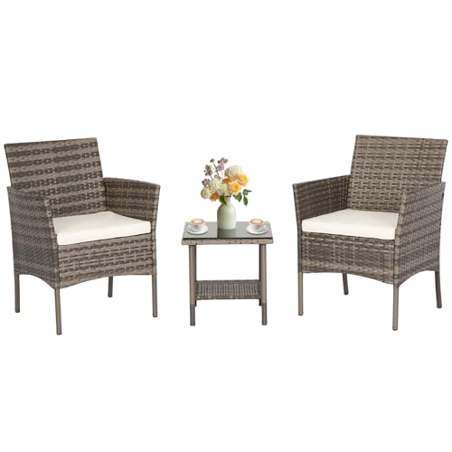 FDW 3 Piece Outdoor Furniture Set Patio Gray Wicker Chairs Furniture Bistro Conversation...