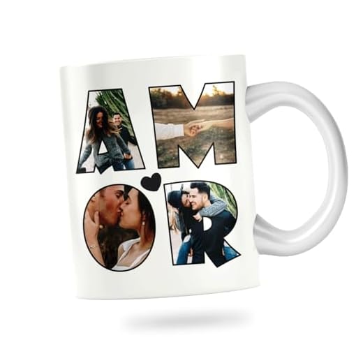 Taza de cerámica personalizada con foto. Taza personalizada para San Valentín con frase. Regalo original personalizado. (4 fotos y palabra AMOR)