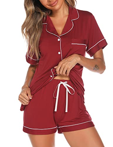 Image of Aamikast Button Up Pajama Set for Women Shorts Short Sleeve Knit Sleepwear 2 Pice Pjs Sets