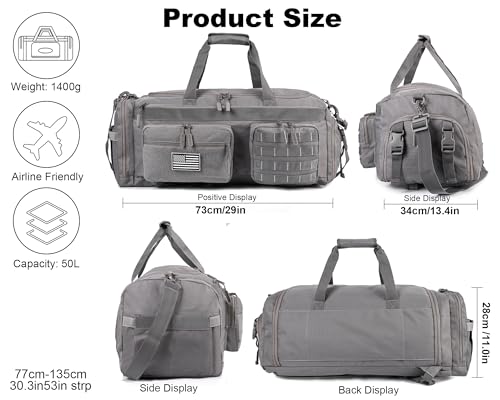 Image of LHI 50L Tactical Duffle Bag for Men, 3-in-1 Gym Duffle and Backpack, Shoe Compartment, Laptop Sleeve and MOLLE, Carry-On Travel Weekender and Overnight Bag - Gray