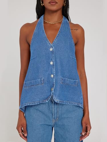 Image of Tankaneo Womens Halter Denim Vest Tops Summer Sleeveless Open Back Y2K Going Out Jean Tank Tops V Neck Button Up Waistcoat