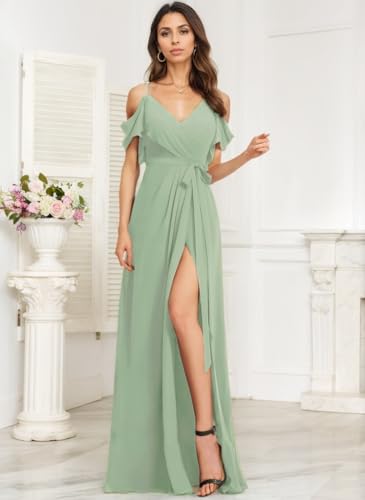 Chiffon Bridesmaid Dresses for Wedding with Slit Formal Wedding Guest Dresses for Women with Pocket NO822