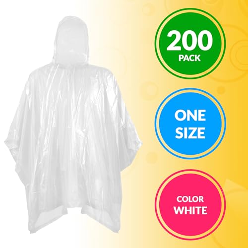 Image of ABC PACK & SUPPLY Disposable Rain Ponchos for Adults, White Hooded Rain Poncho, One Size, Polyethylene 0.02mm, Individually Wrapped, Bulk Pack of 200