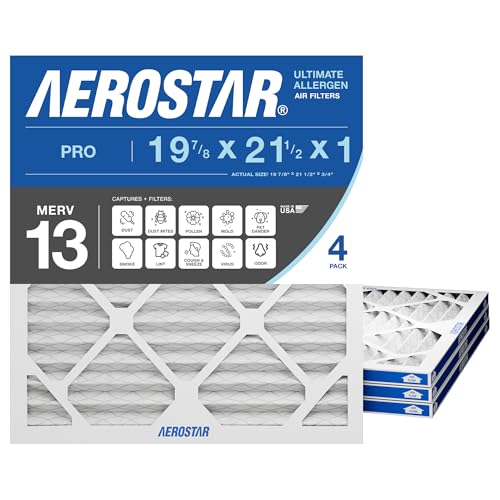Aerostar 19 7/8x21 1/2x1 MERV 13 High Efficiency Pleated Air Filter 4-Pack Electrostatic AC Furnace HVAC Replacement Captures Smoke Bacteria Allergy Dust Pollen Pet Dander (19.875x21.5x0.75)