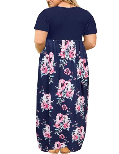 Image of Kancystore Women's Plus Size Maxi Dress with Pockets Summer Dresses XL-5X | Plus Size High Waisted Long Length Beach Dress, Empire Waist Round Neck Casual Dress, Solid Striped Floral Tie Dye Colors