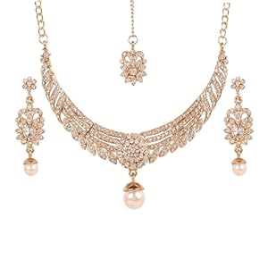 Touchstone Indian Bollywood Modern Style White Rhinestone Faux Pearls Desi Wedding Designer Jewelry Necklace Set in Gold Tone for Women.