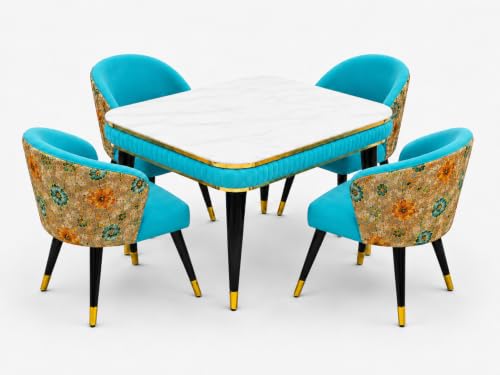 Image of WOODEN SPACE Majestic 4 Seater Wooden Dining Table Set | Urban Marble Top Dining Table with Chairs for Dining Room & Kitchen (Modern Classic Printed Sky Blue) (54 x 36 x 30 inch)