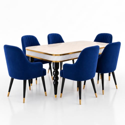 Image of 6-Seater Dining Table Set with Nano Composite Marble Top | Golden PVC Wooden Base | Includes 6 Fabric Upholstered Chairs | 2 Year Warranty | Dining Room Furniture Set for Home (Blue)