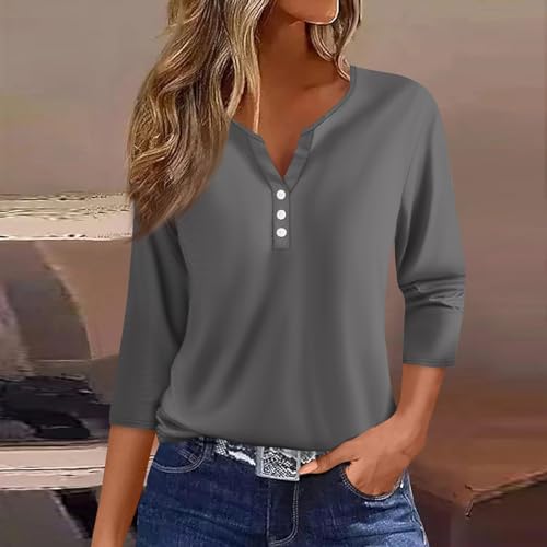 Womens 3 Quarter Sleeve Tops V Neck Button Down Blouses Solid Color Loose Curved Hem Shirts Dressy Casual S-3Xl2