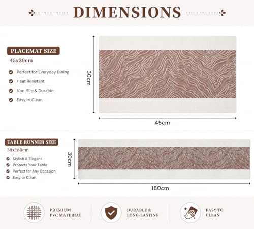 Image of YELONA Placemats and Table Runner Set - Heat Resistant, Non-Slip & Washable PVC Vinyl Dining Table Mats - Walnut Brown (6 Placemats: 45x30 cm, 1 Runner: 180x30 cm)