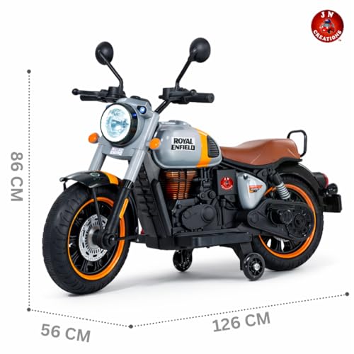 Image of BRoyal Enfield 12V Battery Operated Ride-On Classic-350 Bike for Kids | Rechargeable Electric Bike with LED Lights, Music & Horn | Ages 2-8 Years (Grey)