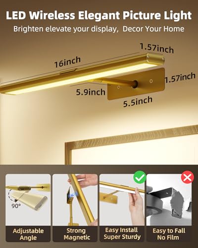 EZVALO Picture Light for Wall, 4800mAh Rechargeable Wireless Remote Lights, 16'' Dimmable Magnetic LED Art Painting Light with 3 Color Temps, Display for Gallery, Living Room, Bedroom, Hallway (Gold)