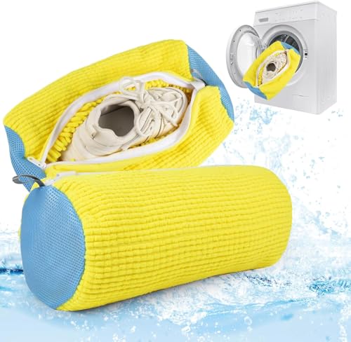 2Pcs Shoe Washing Machine Bag, Trainer Shoe Bag Laundry with Zipper, Shoe Washing Bag Reusable for All Shoe Types and Sizes, Yellow