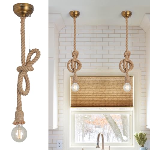 KEESFU Hemp Rope Pendant Light Rope Chandelier,Rustic Ceiling Light with Pull Chain,Vintage Boho Pendant Hanging Light Height Adjustable for Kitchen Island Hallway Bedroom Dinning Table