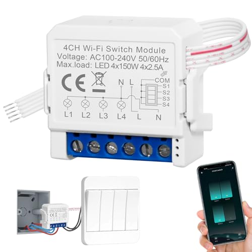 Interrupteur WIFI pour 4 Circuits, Interrupteur Connecté Alexa, Interrupteurs Sans Fil Lampe, Smart Switch WIFI avec Tuya Smart Life APP, Interrupteurs Intelligents Inst. 4P, Installation Encastrée