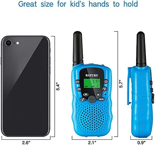Diagram showing dimensions of BATURU walkie talkie compared to a smartphone