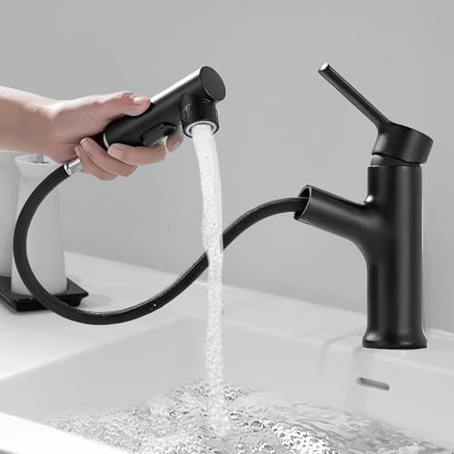 ​WANDGU Robinet de salle de bain : robinet de lavabo noir, douchette extensible, mitigeur monocommande haute pression avec 3 types de jet, raccord G3/8 pour salle de bain, montage en laiton de haute